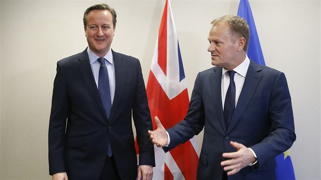 Britsk premir David Cameron a pedseda Evropsk rady Donald Tusk se seli jet ped zatkem summitu (18. nora 2016).