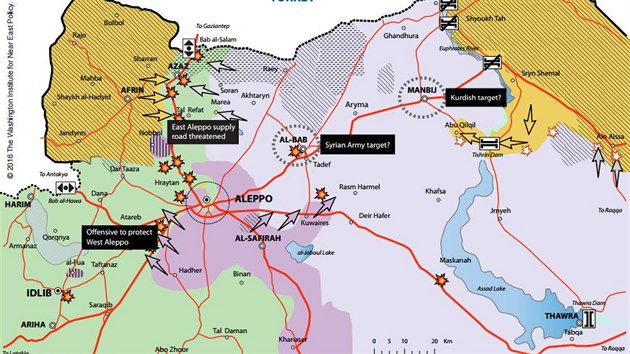 Mapa boj v severn Srii k prosinci 2015 ukazuje oblasti obvan etnickmi Kurdy (zejmna pod kontrolou kurdskch milic - lut zem - a severn od al-Bbu. Pobl hranic s Tureckem ij i etnit Turkmeni.