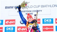 Gabriela Soukalová na nejvyšším stupni po sprintu v Presque Isle. Gabriela Soukalová na nejvyšším stupni po sprintu v Presque Isle.