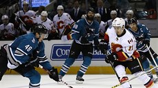 Tomá Hertl (vlevo) ze San Jose bojuje s Mikaelem Backlundem z Calgary.