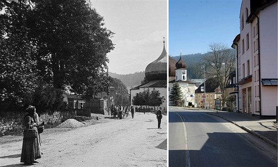 elezná Ruda kolem roku 1890 na snímku Frantika Krátkého a v souasnosti.