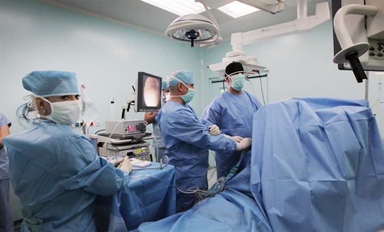 Lékai operují ramenní kloub v plzeské nemocnici Privamed. (25. února 2016)