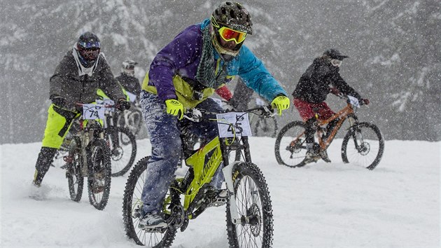 Bhem zvodu Chinese Downhill 2016 sjelo ervenou sjezdovku ve Svatm Petru dv st biker (20. nora 2016).