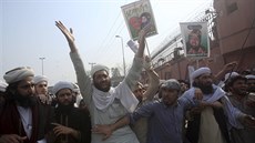 Podporovatelé politické strany Jamiat Ulema-e-Pakistan protestují v Péávaru...