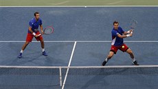 Tomá Berdych (vpravo) a Radek tpánek bhem deblu v 1. kole Davis Cupu