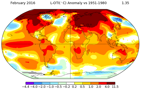 Odchylky od prmrnch teplot zemskho povrchu v noru 2016. Podle NASA se...