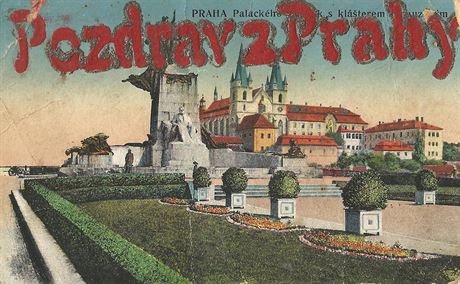 Pohlednice s Palackého  pomníkem  a kláterem v Emauzích.