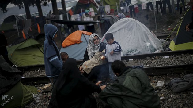 Rodina syrskch uprchlk u ecko-makedonskch hranic pobl vesnice Idomeni (15. bezen 2015)