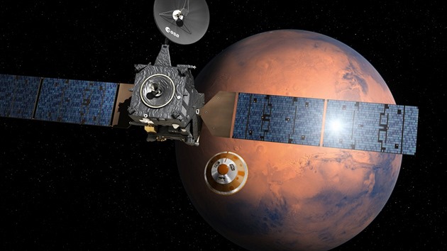 Demonstran modul Schiaparelli se ti dny ped plnovanm pistnm na Marsu oddluje od matesk druicov sondy TGO (kresba ESA).