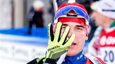 eský biatlonista Michal Krmá v cíli vytrvalostního závodu na MS v Oslu.