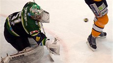 Karlovarský brankář Vladislav Habal zasahuje v utkání s Litvínovem. Karlovarský brankář Vladislav Habal zasahuje v utkání s Litvínovem.
