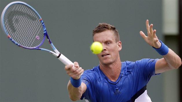 Tom Berdych v duelu s Amerianem  Stevem Johnsonem.