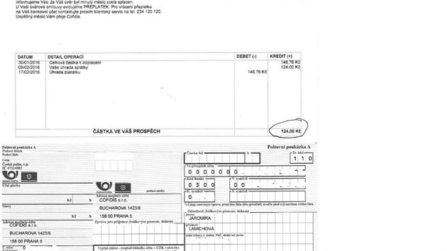 Druh vpis upozorujc na peplatek ve vi 124 korun namsto 148,76 korun. Na sloence je opt jako odeslatel uvedena pan Lamichov.