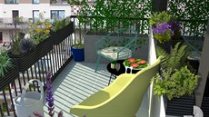 Studený šedý balkón prosvětlí barevný recyklovaný nábytek a venkovní koberec se... Studený šedý balkón prosvětlí barevný recyklovaný nábytek a venkovní koberec se...