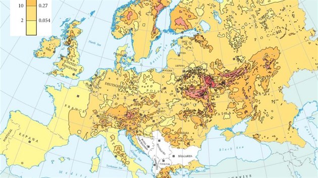 Mapa zobrazuje celkov nakumulovan spad Cesia 137 v Evrop nsledkem katastrofy v ernobylu. Data pochz z databze REM (Monitorovn radioaktivity v ivotnm prosted).