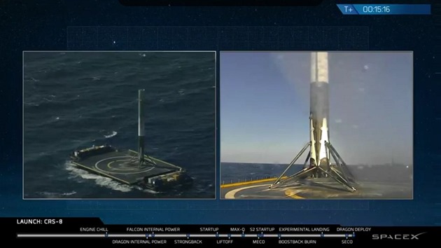 Prvn stupe rakety Falcon 9 bezpen spov na plovouc ploin.