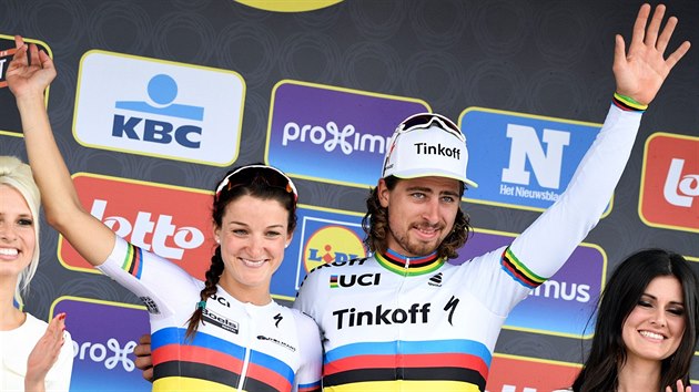 MISTI SVTA. Lizzie Armitsteadov a Peter Sagan se loni v Richmondu stali mistry svta. A v nedli oba vyhrli zvod Kolem Flander.