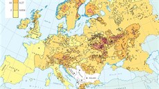 Mapa zobrazuje celkový nakumulovaný spad Cesia 137 v Evrop následkem...