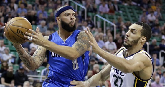 Deron Williams (vlevo) z Dallasu bránný Rudym Gobertem  z Utahu.