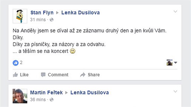 Facebookov vzkazy zpvace Lence Dusilov za jej kritiku Miloe Zemana na pedvn cen Andl.