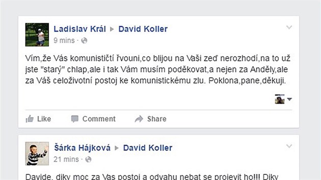 Facebookov vzkazy zpvkovi Davidu Kollerovi za jeho kritiku Miloe Zemana na pedvn cen Andl.