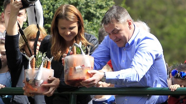 Ledn medvdi dostali  ve slavnostn den ryb a zeleninovou pochoutku. Na snmku zleva tenistka Lucie afov, brnnsk primtor Petr Vokl, ministryn kolstv Kateina Valachov (16. dubna 2016).