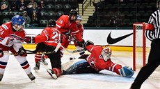 Český hokejista Filip Zadina (vlevo) v šanci před kanadským gólmanem Evanem... Český hokejista Filip Zadina (vlevo) v šanci před kanadským gólmanem Evanem...