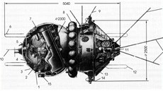 Nákres lodi Vostok 3KA z ruské dobové dokumentace  vlevo je kulová návratová...