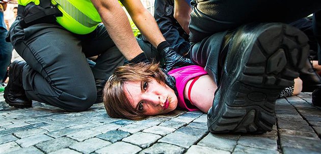 Zatýkání Kateřiny Krejčové poté, co se na demonstraci vrhla na policistu, který... Zatýkání Kateřiny Krejčové poté, co se na demonstraci vrhla na policistu, který...