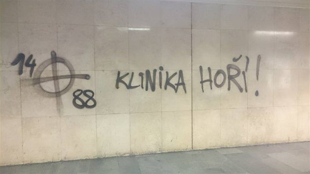 Vandalov popsali vestibul stanice metra Karlovo nmst neonacistickmi vhrkami centru Klinika.