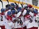 Radost eských hokejist z výhry nad Ruskem.