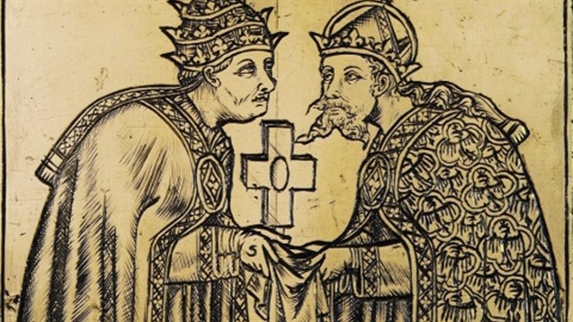 Vyobrazení na kíi papee Urbana V. z 60. let 14. stol. zachycuje papee s...