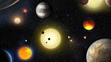 KEPLEROVY OBJEVY. Umělecký koncept líčí vybrané planetární objevy vesmírného... KEPLEROVY OBJEVY. Umělecký koncept líčí vybrané planetární objevy vesmírného...
