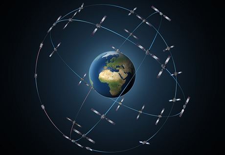Konstelace ticeti satelit Galileo na obné dráze ve výce 23 222 km nad Zemí