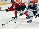 Finský hokejista Sebastian Aho (s íslem 20) bojuje o puk s Kanaanem Morganem...