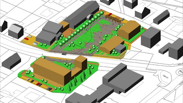 Studie obnovy centra obce Bolatice z roku 2013. Opravu prostranstv se zstvkou, fontnou a hitm zaplat obec, naproti pes silnici m v budoucnu stt moden multifunkn objekt.