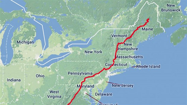 Mapa Apalask stezky. Nejoblbenj dlkov trasa v USA m 3 500 kilometr.