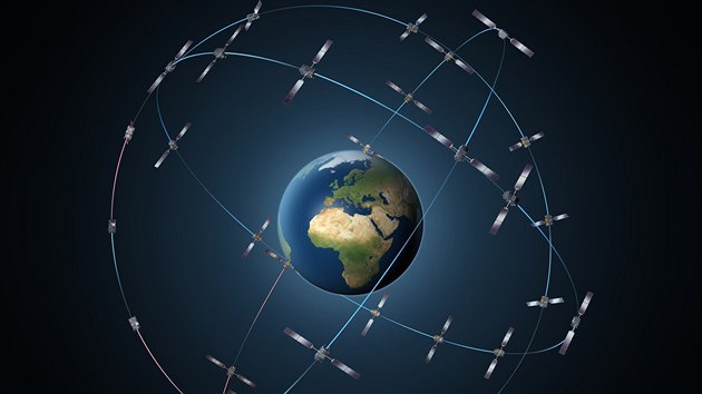 Konstelace ticeti satelit Galileo na obn drze ve vce 23 222 km nad Zem