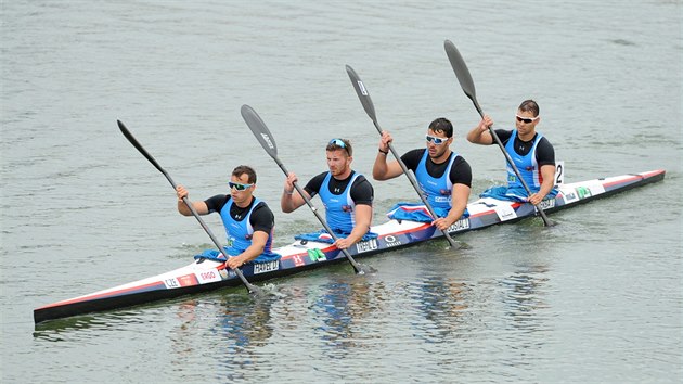 tykajak ve sloen (zleva) Daniel Havel, Jakub picar, Josef Dostl a Jan trba na SP v Raicch