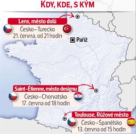 Mapa mst, ve kterch bude hrt esk reprezentace fotbalov Mistrovstv Evropy...