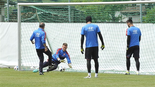 Tom Vaclk na trninku reprezentace bhem soustedn tmu v rakouskm Kranzachu. Pihlej branksk trojka Tom Koubek (vpravo) a jednika Petr ech.