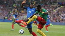Kamerunský fotbalista Ambroise Oyongo Bitolo (vpravo) v souboji s Paulem Pogbou...