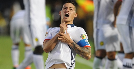 Kolumbijský fotbalista James Rodríguez krátce poté, co vstelil gól v zápase s...