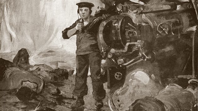 John „Jack“ Cornwell u příďového děla lehkého křižníku Chester při bitvě u... John „Jack“ Cornwell u příďového děla lehkého křižníku Chester při bitvě u...