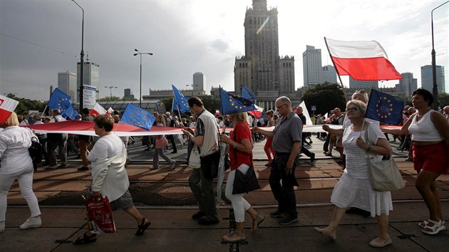 People hold Polish and EU flags as they take part in anti-government demonstration organized on the 27th anniversary of the first free non-communist election, in Warsaw
