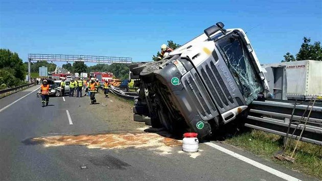 Pevrcen kamion s pskem zablokoval dopravu na dlnici D46 u Vykova. (7.6.2016)