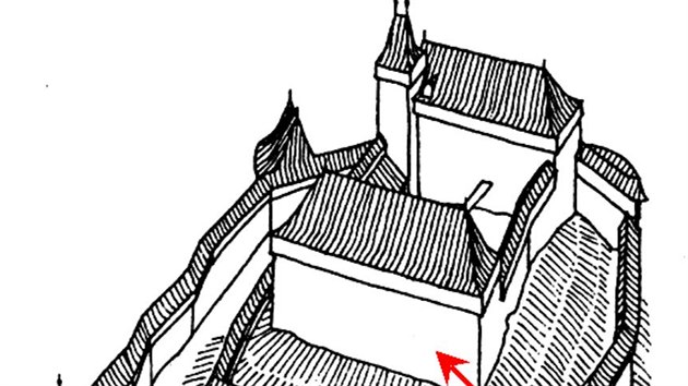 Pvodn podoba hradu Litice s vyznaenm msta, kde dolo ke zhroucen sti zdiva