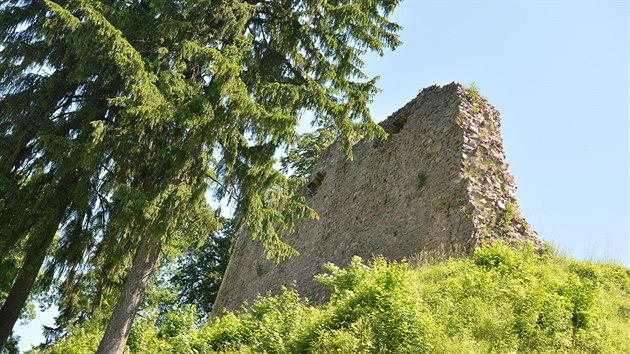 Pi pohledu zdola jsou na jedn ze zd hradu Litice zeteln vidt dva otvory po chybjcm zdivu.