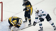 Joel Ward ze San Jose se snaí procpat puk za brankáe Pittsburghu Matta...