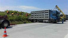 Kamion peváející po dálnici D1 prasata sjel na Perovsku do píkopu. ást...